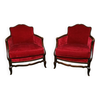 Pair of Louis XV style bergère armchairs in red velvet.