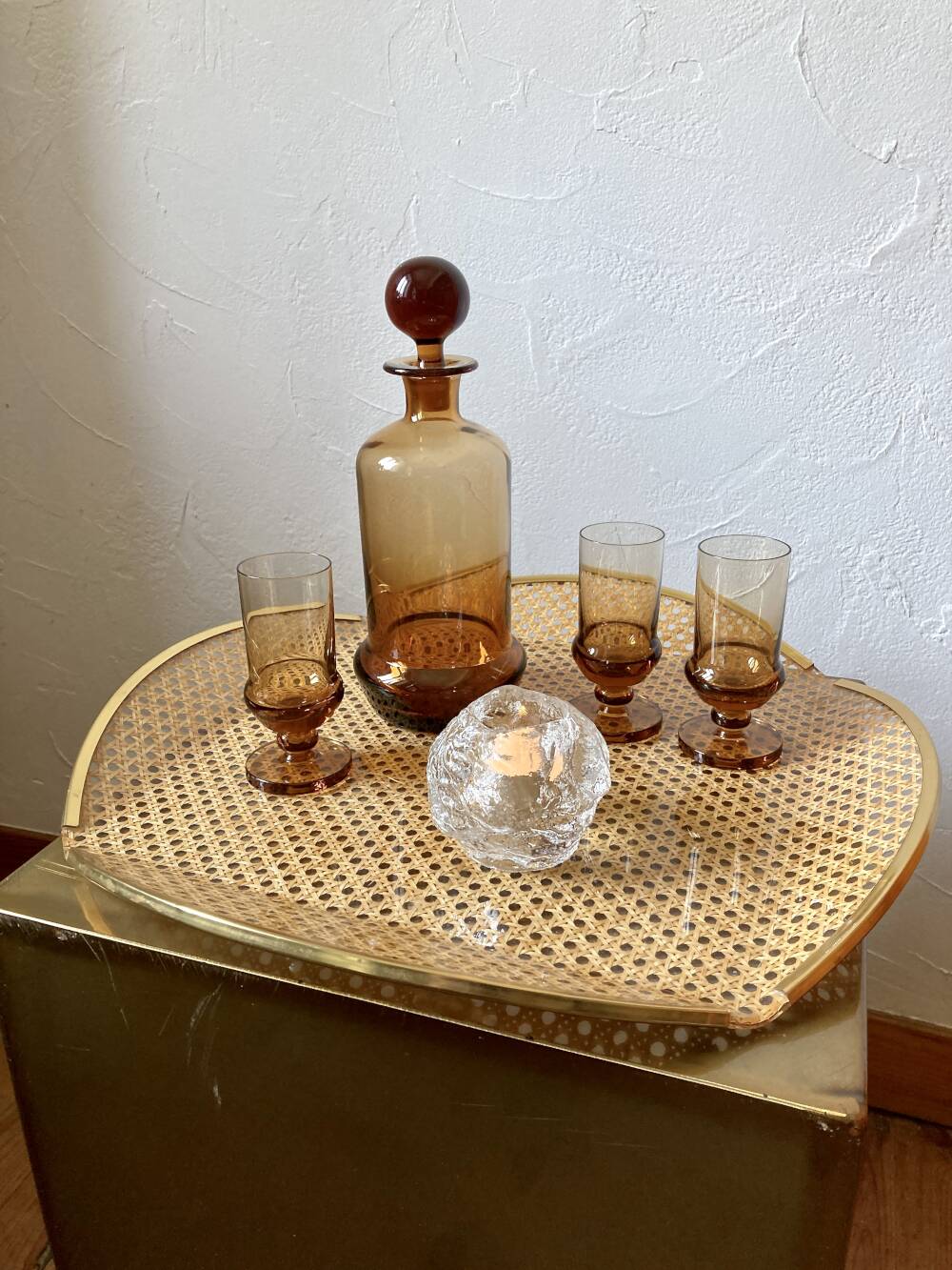 Acrylic glass plateau, caning & brass, 1970, attributed to Roche Bobois.