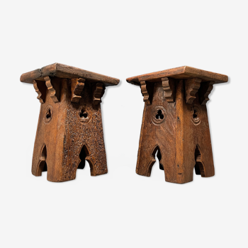 Set of two gothic oak side tables or stools