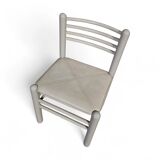 5 x dining chairs / light grey wooden frame / leather seat / Germany 1970s / labeled "ideen für kuchen - innenarchitektur"