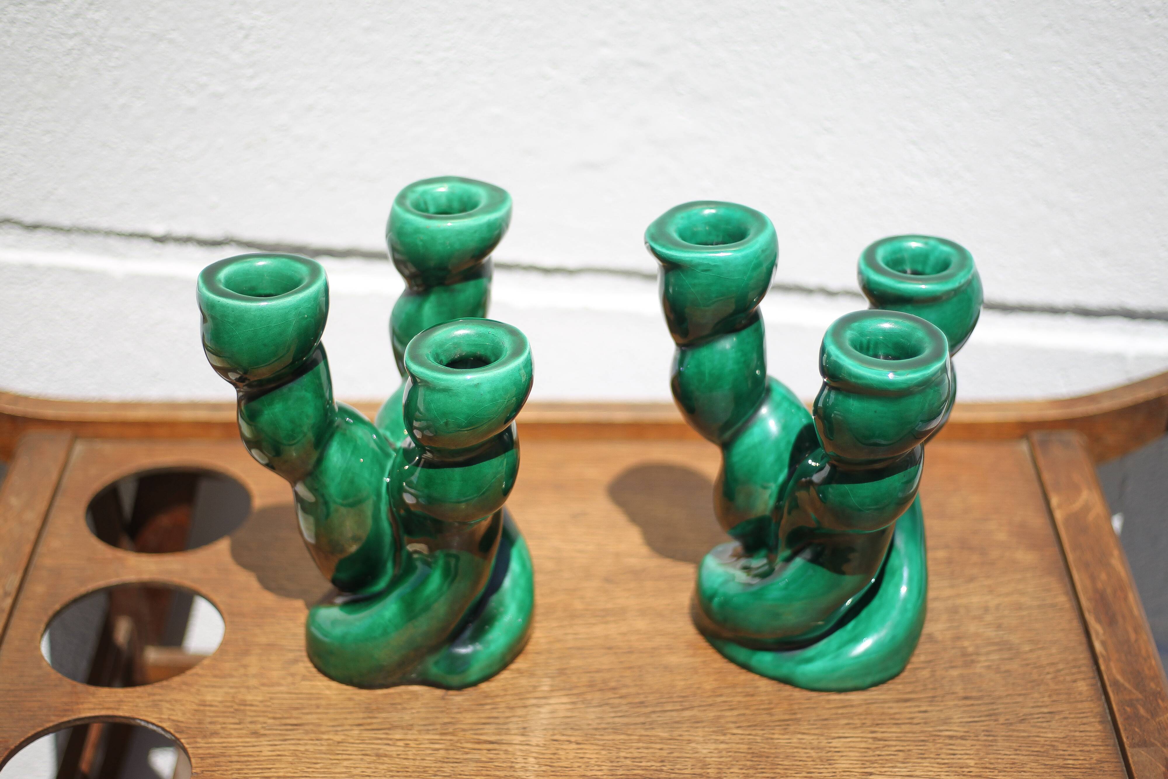 Pair of twisted green ceramic candlesticks, 3-branched candlestick, Vallauris style emerald candelabra