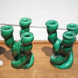Pair of twisted green ceramic candlesticks, 3-branched candlestick, Vallauris style emerald candelabra