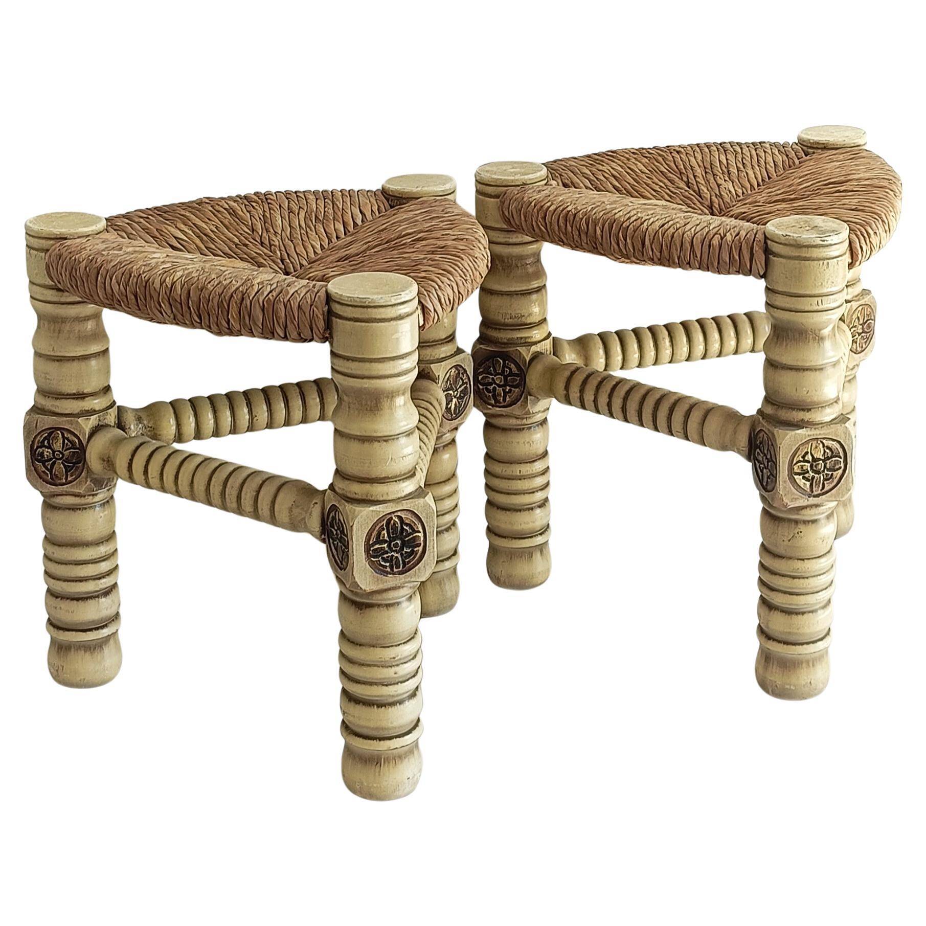 Brutalist Hand-Carved Wood and Fiber Stools, Belgium, Circa 1960s