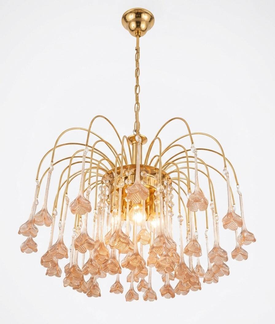 Vintage chandelier rain gold with handmade Murano glass pink flowers.