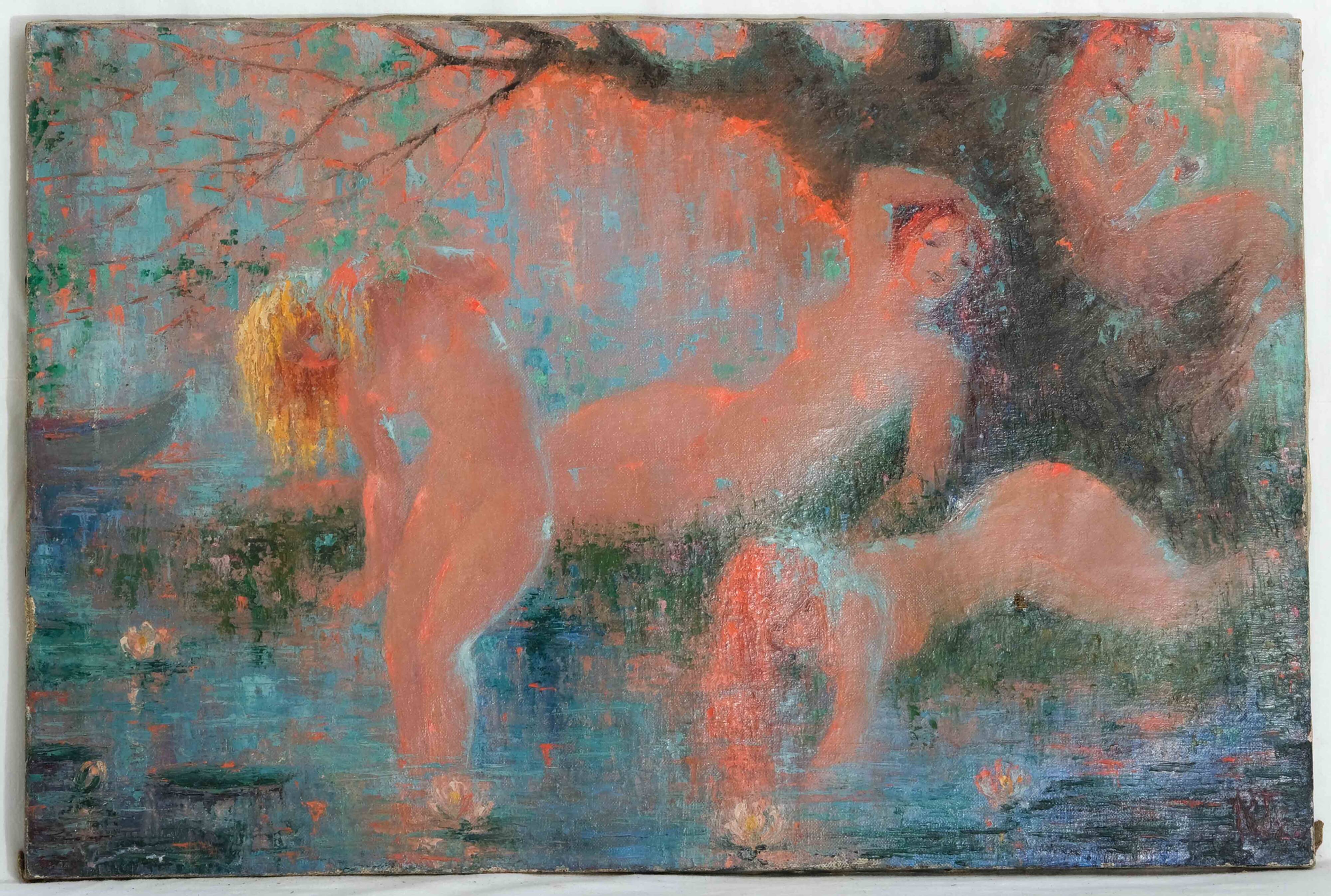 Painting of nude women in an orange landscape.