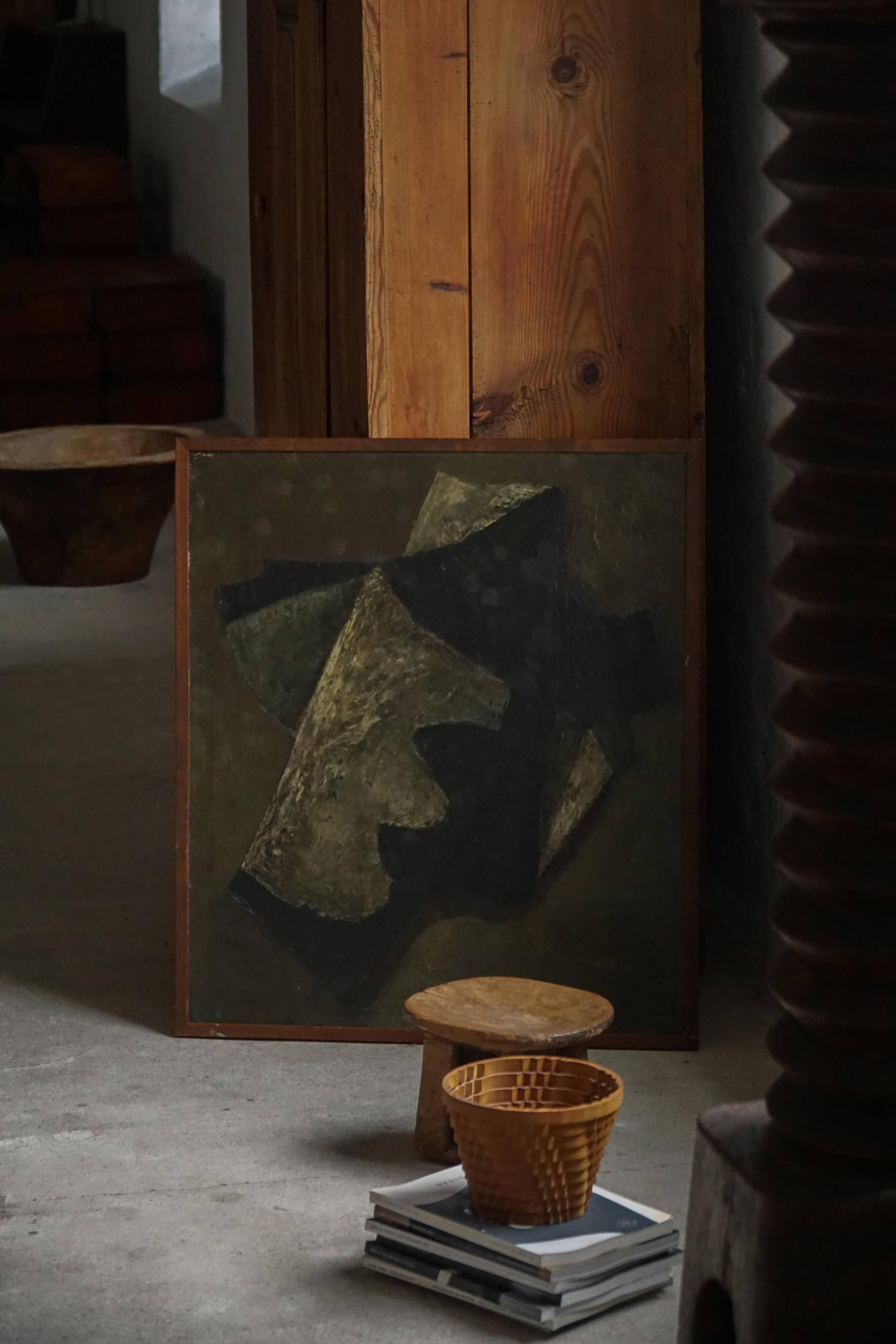 Mid-century pastel oil abstract painting, Danish artist, patinated wooden frame.