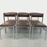 Set of 6 vintage chairs from the 70s in chrome metal and brown faux leather.