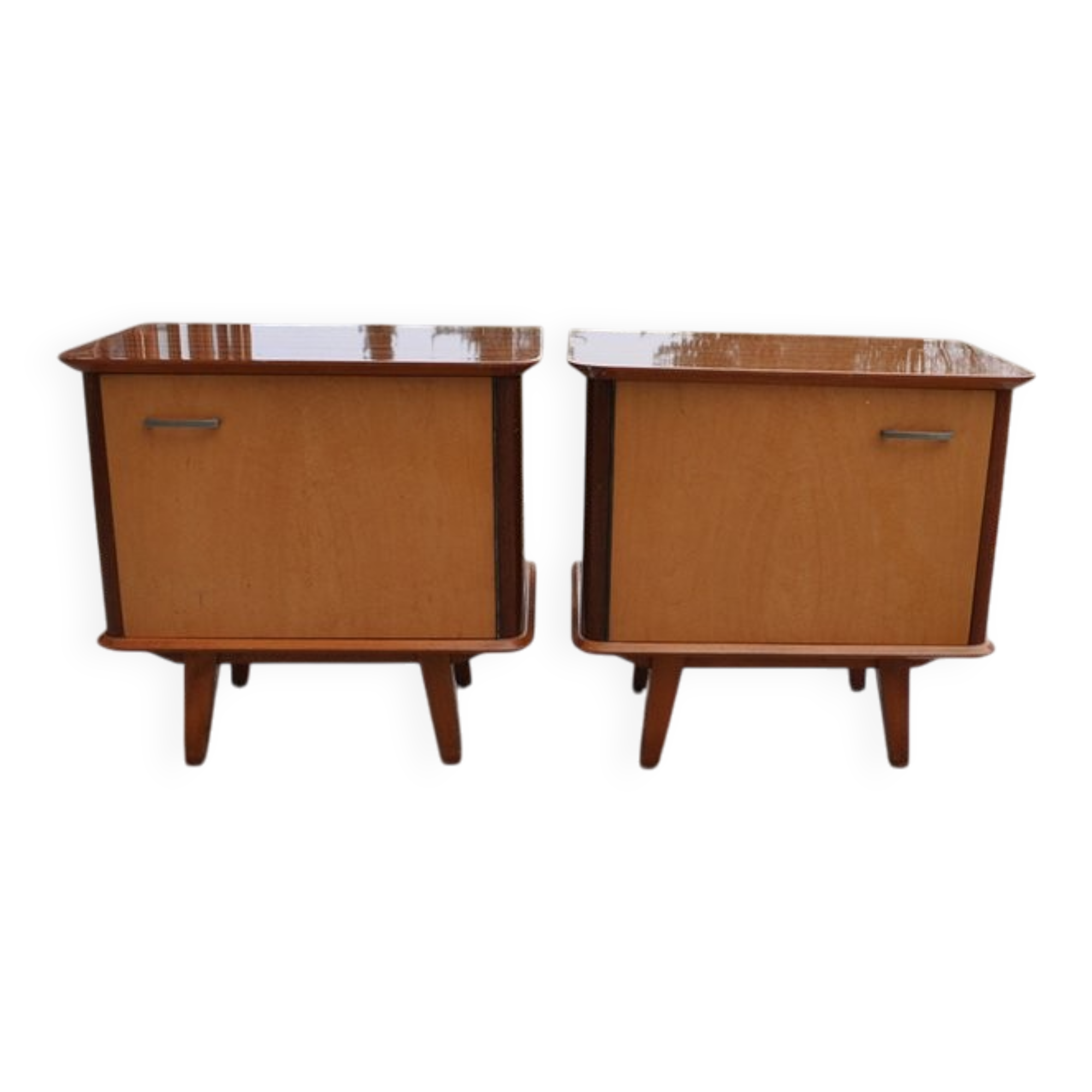 Pair of mid-century brown lacquered wooden bedside tables – 1950s, Czech Republic
