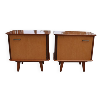 Pair of mid-century brown lacquered wooden bedside tables – 1950s, Czech Republic