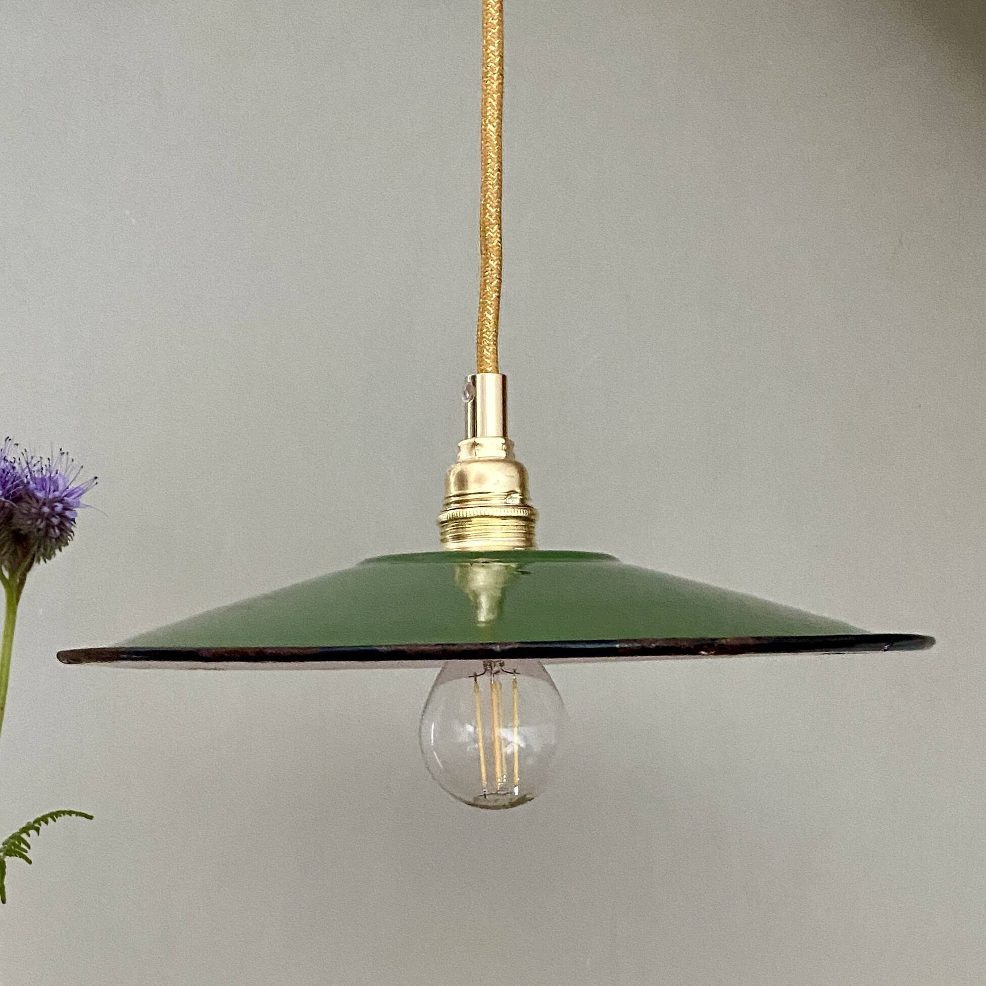 Vintage green enamelled sheet metal lampshade pendant light