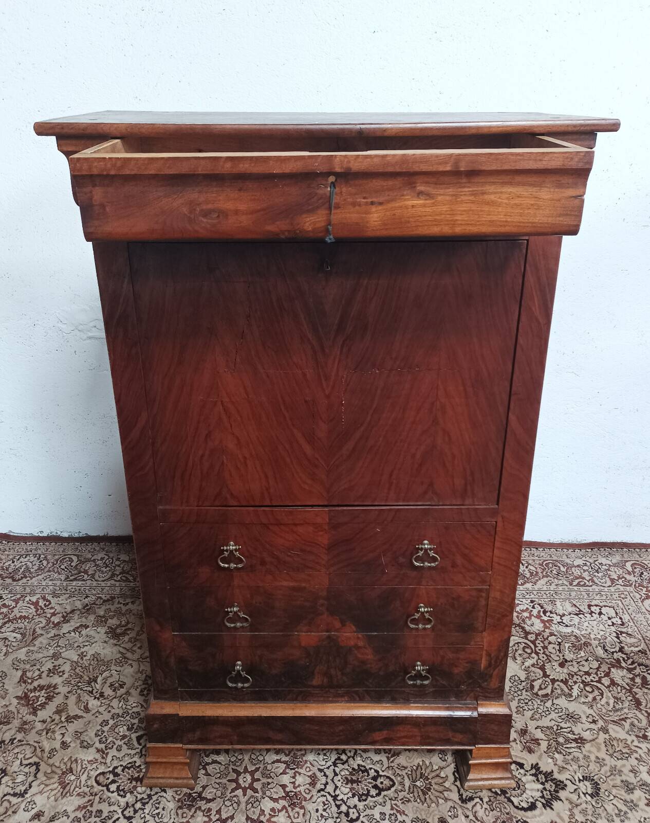 Louis Philippe secretary in oak and walnut burl.