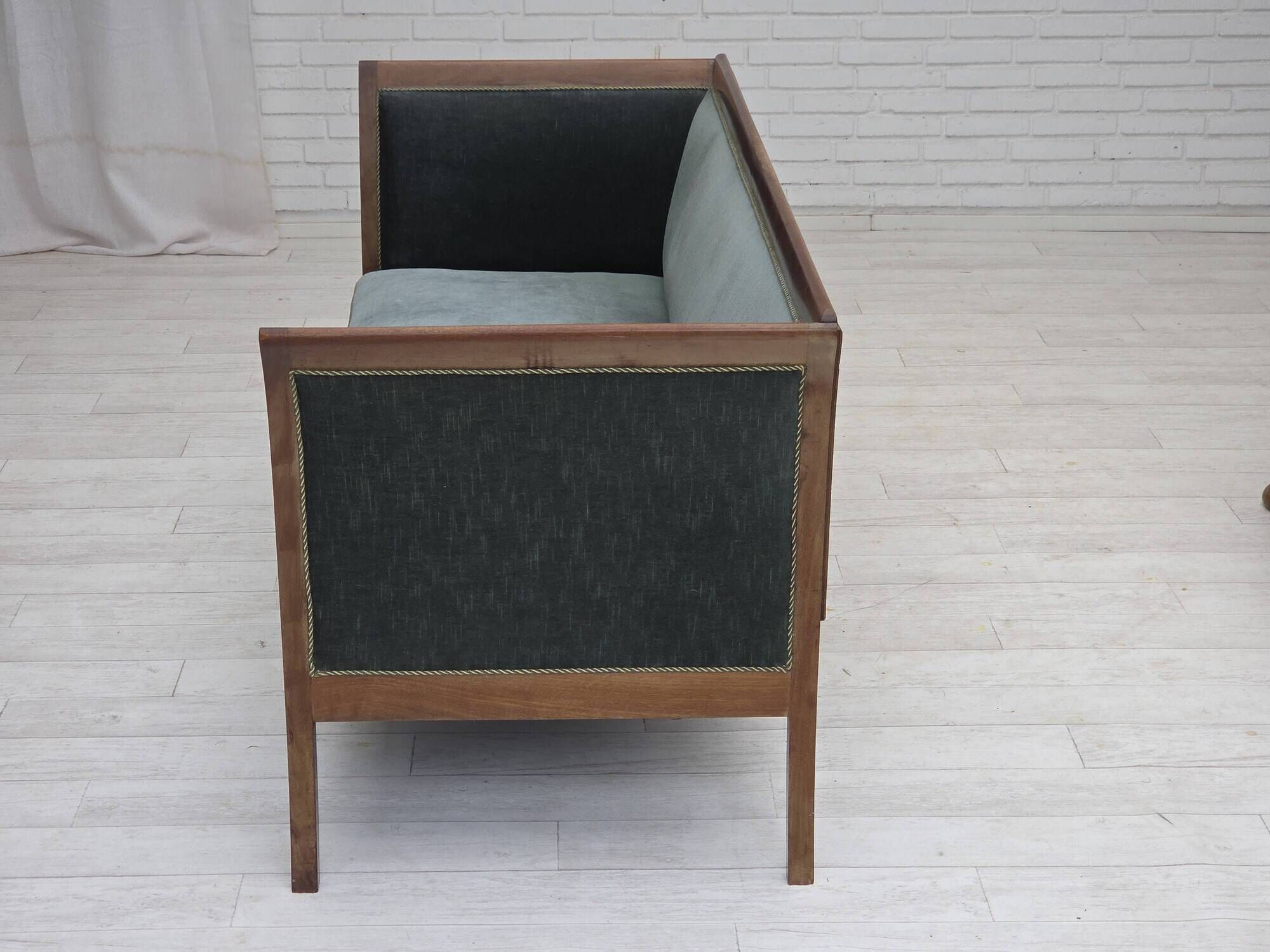 1950s, Danish 3-seater sofa, green/blue furniture velour, ash wood.