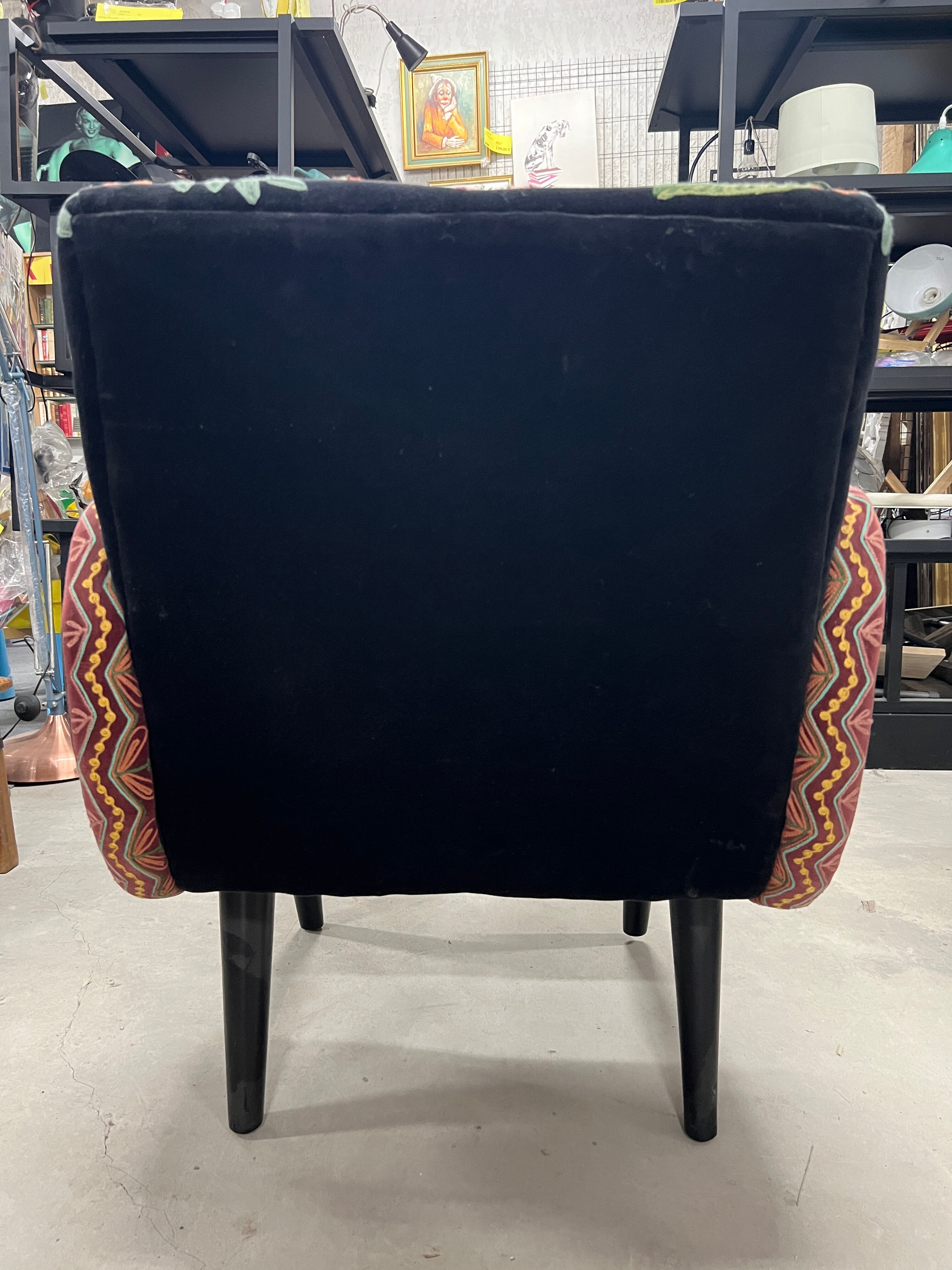 British style armchair in embroidered black velvet and legs in solid black mango tree