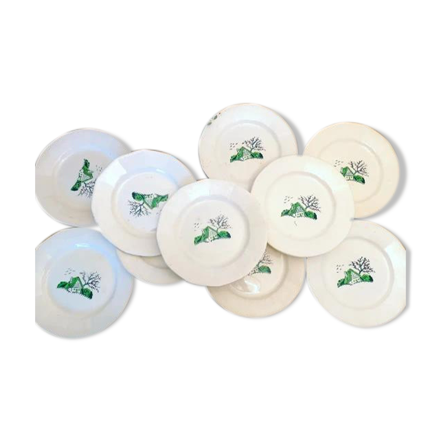 10 flat plates in Earthenware Digoin Bayeux Model, mountain chalet / naïve