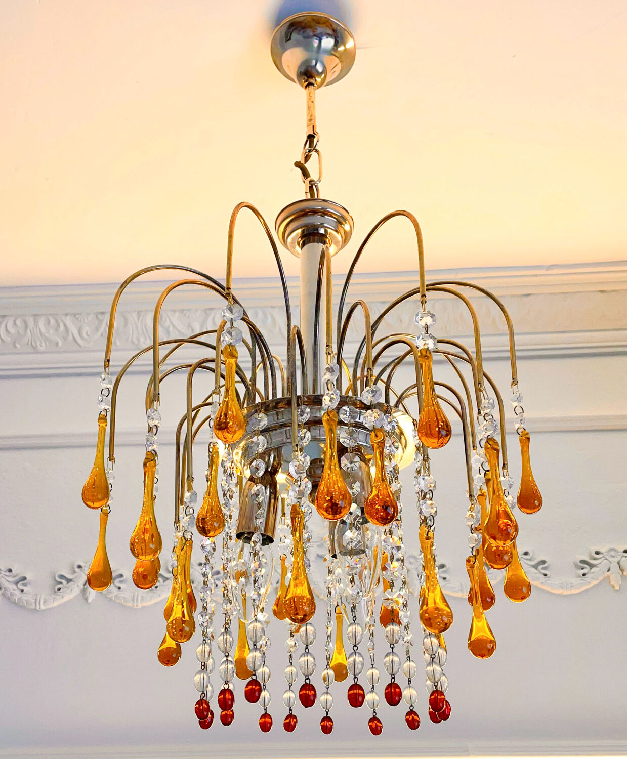Lustre cascade Murano vintage en verre ambré et cristal, chandelier it