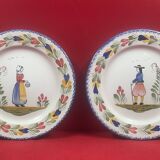 Pair of decorative earthenware plates FAB Quimper Bretagne signed Breton couple
