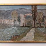 Mid-Century Modern Swedish "Italian Valley" Vintage 1967 Oil Painting, Framed