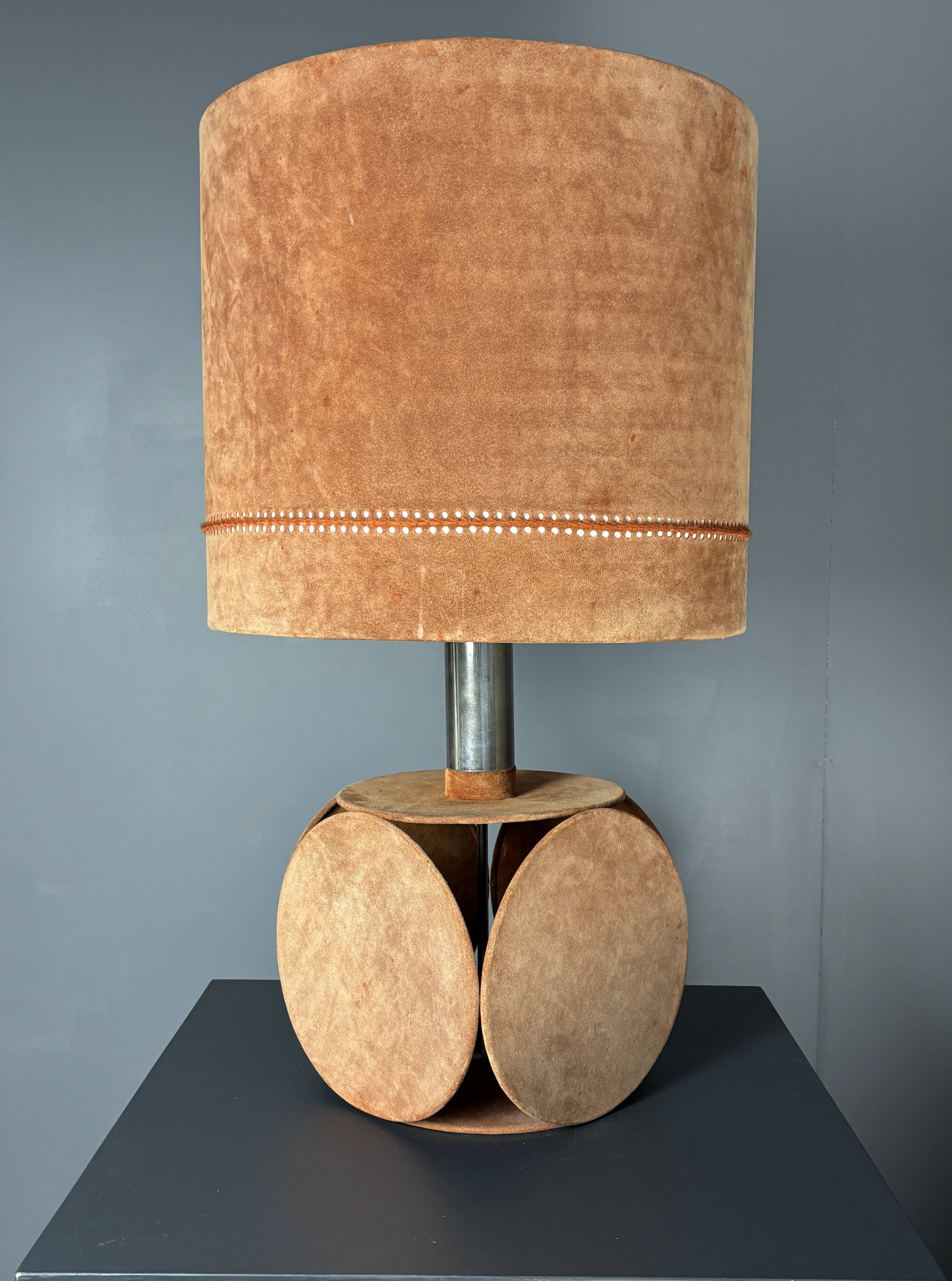 Midcentury XL ( 82 cm ) imposing terracotta suede table lamp. 1970s