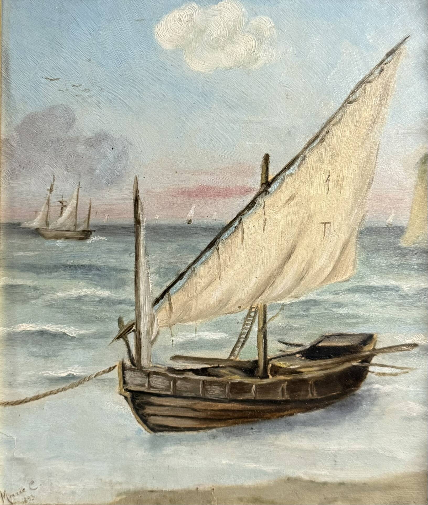 Marie C: oil painting on canvas, seascape with sailboat, Napoleon III period