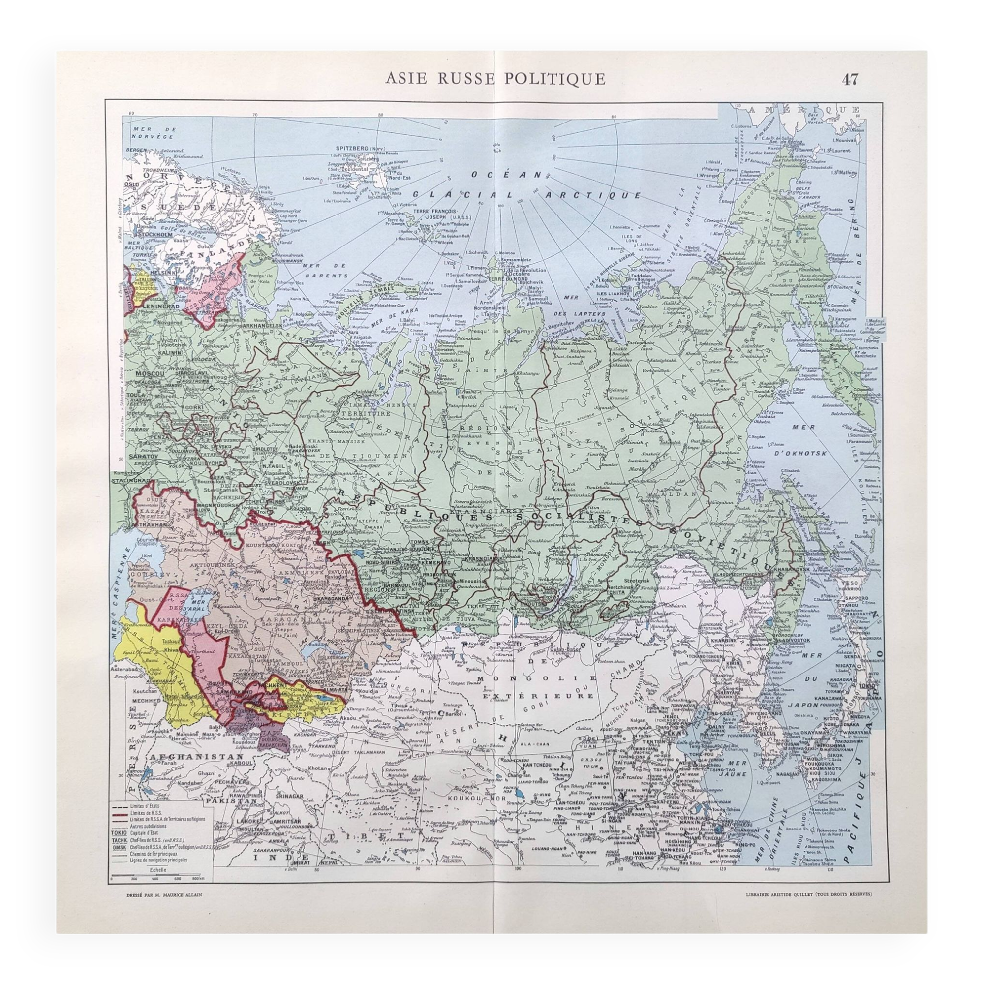 Vintage map Asia USSR Japan 43x43cm from 1950