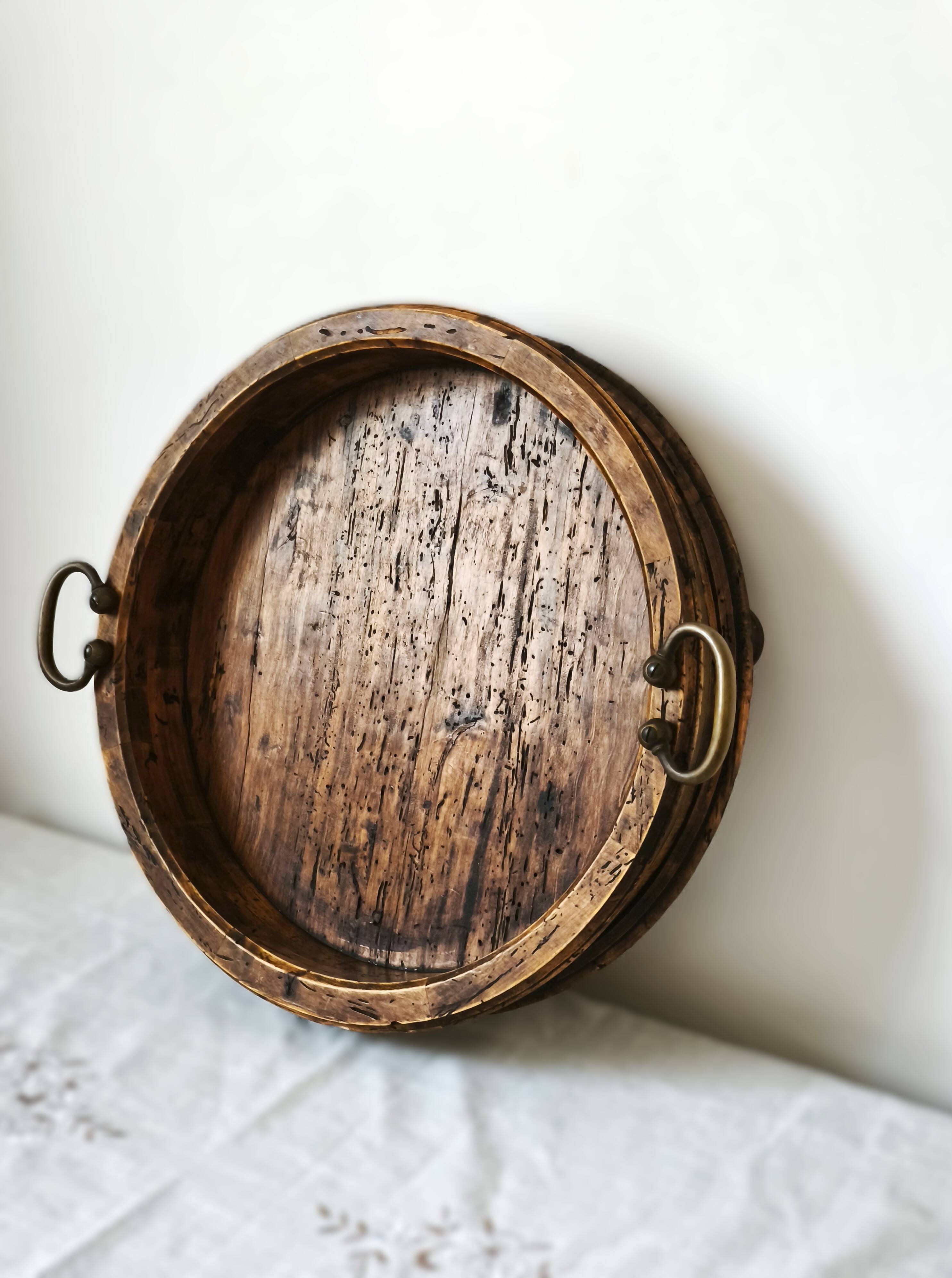 Large antique Italian wooden tray with brass handles.