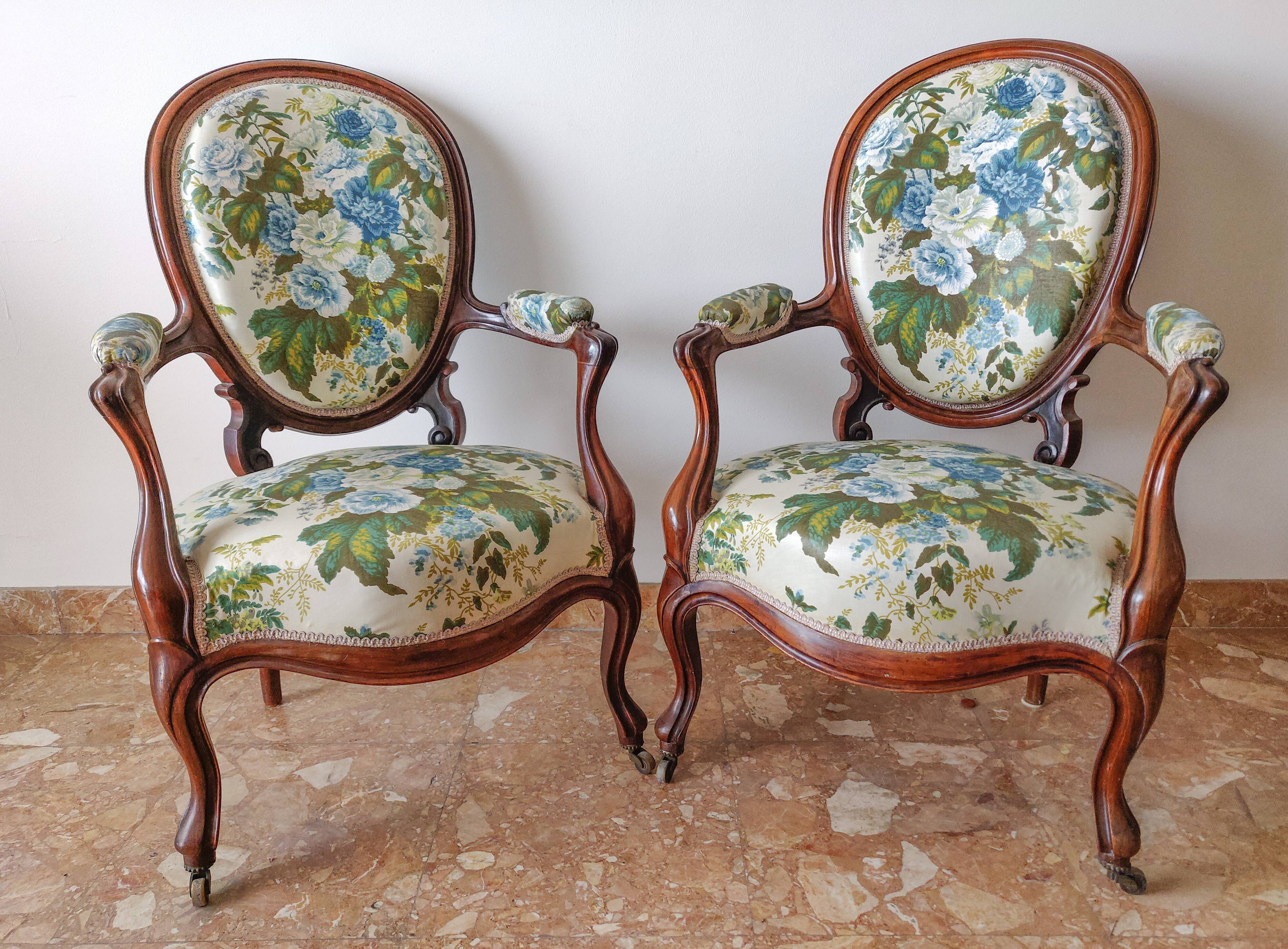 Pair armchairs Louis Philippe solid floral mahogany