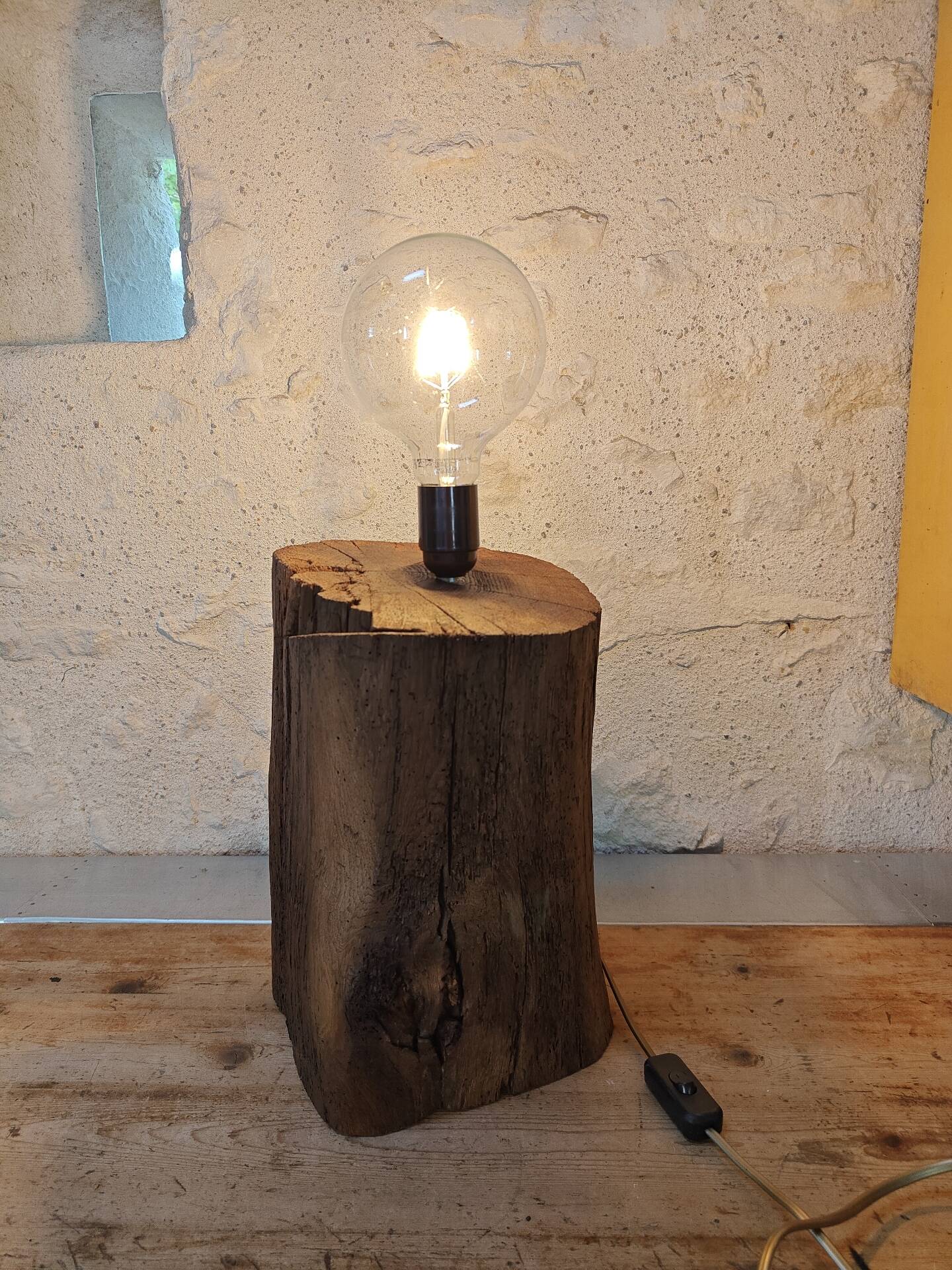 Brutalist table lamp in solid oak