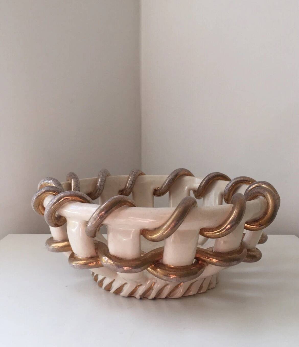 Vintage Vallauris Gold Twisted Basket Bowl? Saint Clément? Émile Tess