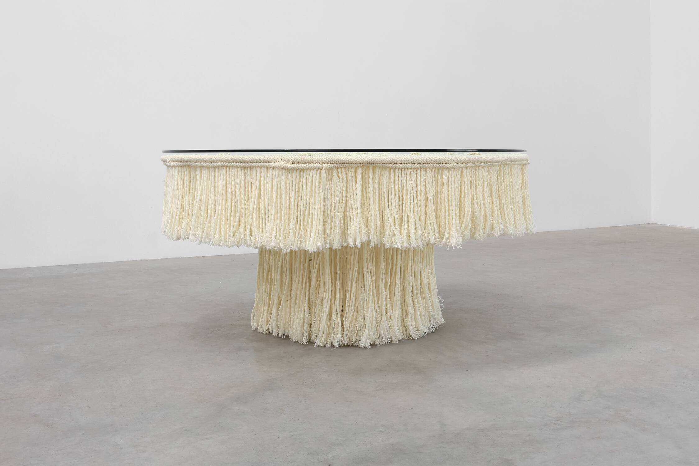 Monumental dining table with glass top and macramé, Italy