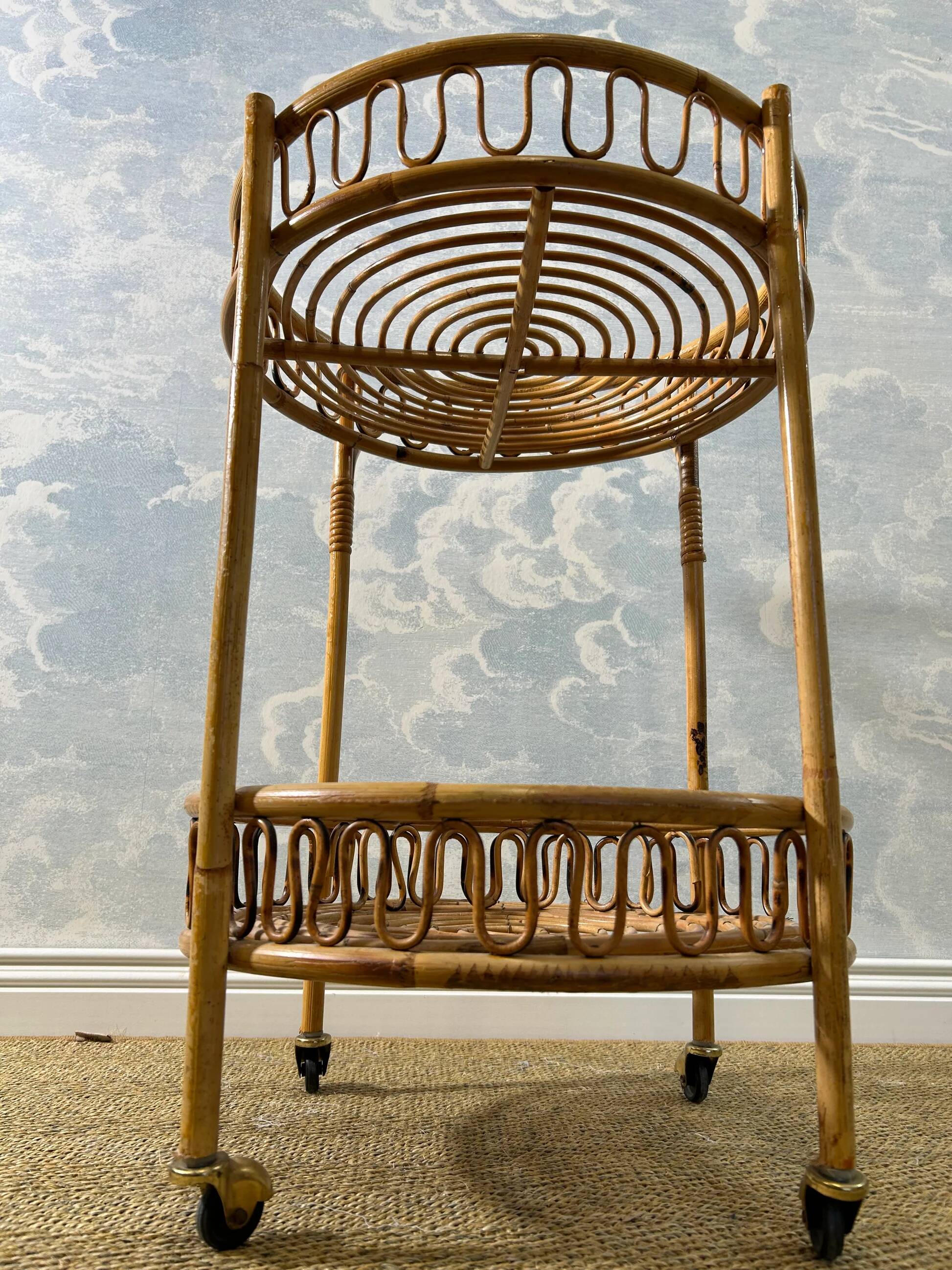 Desserte ronde en bambou dans le style de Franco Albini, années 60