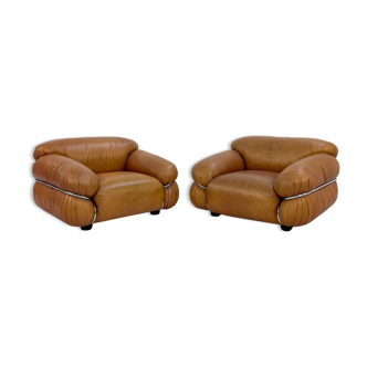 Pair of Sesann armchairs in camel leather by Gianfranco Frattini for Cassina, 1970