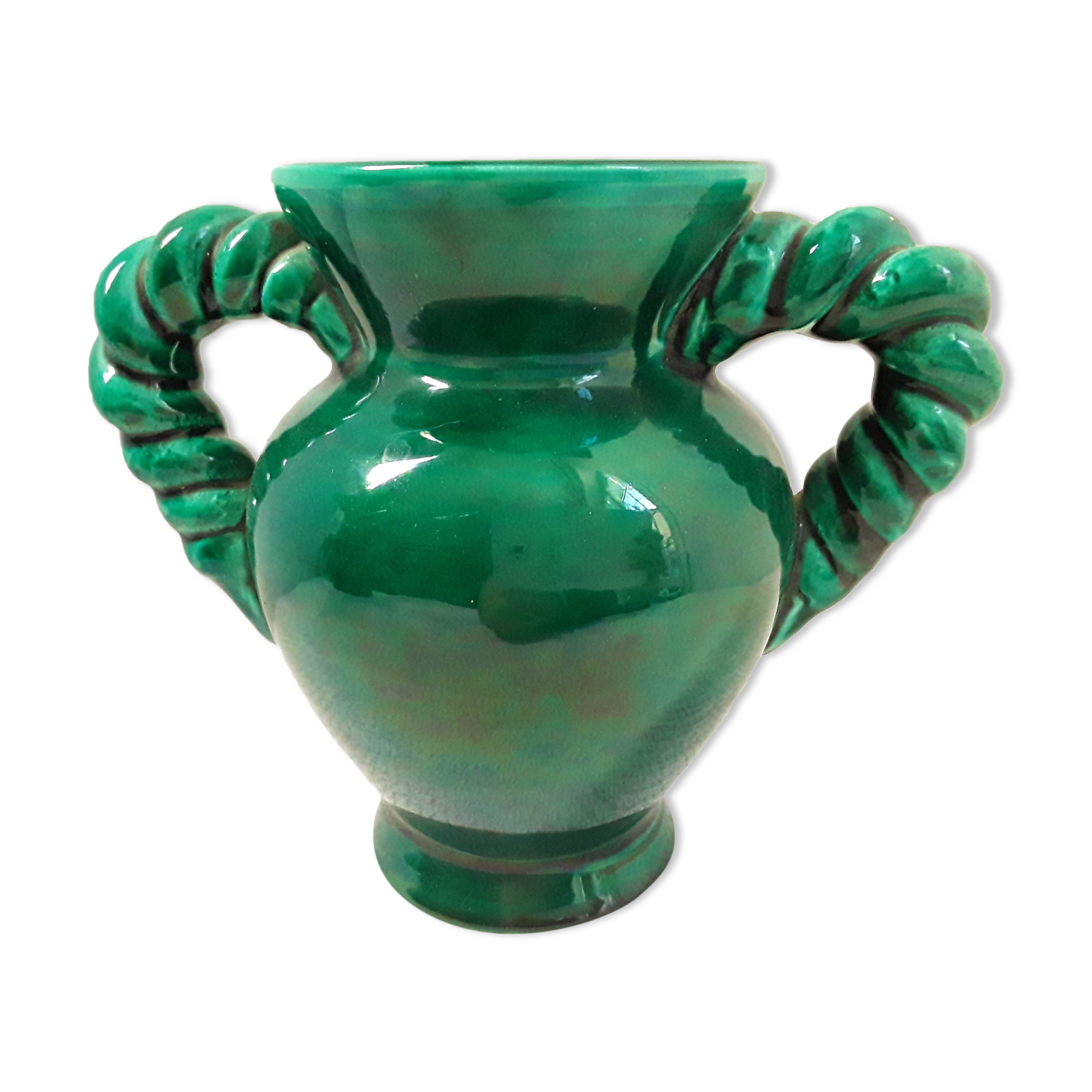 Vase vert Vallauris vintage anses torsadées