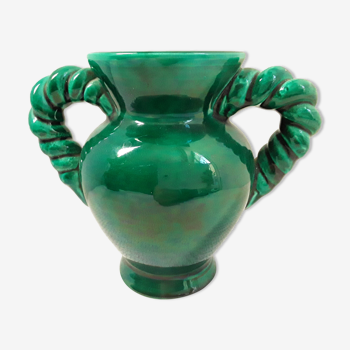 Green vase Vallauris vintage twisted handles