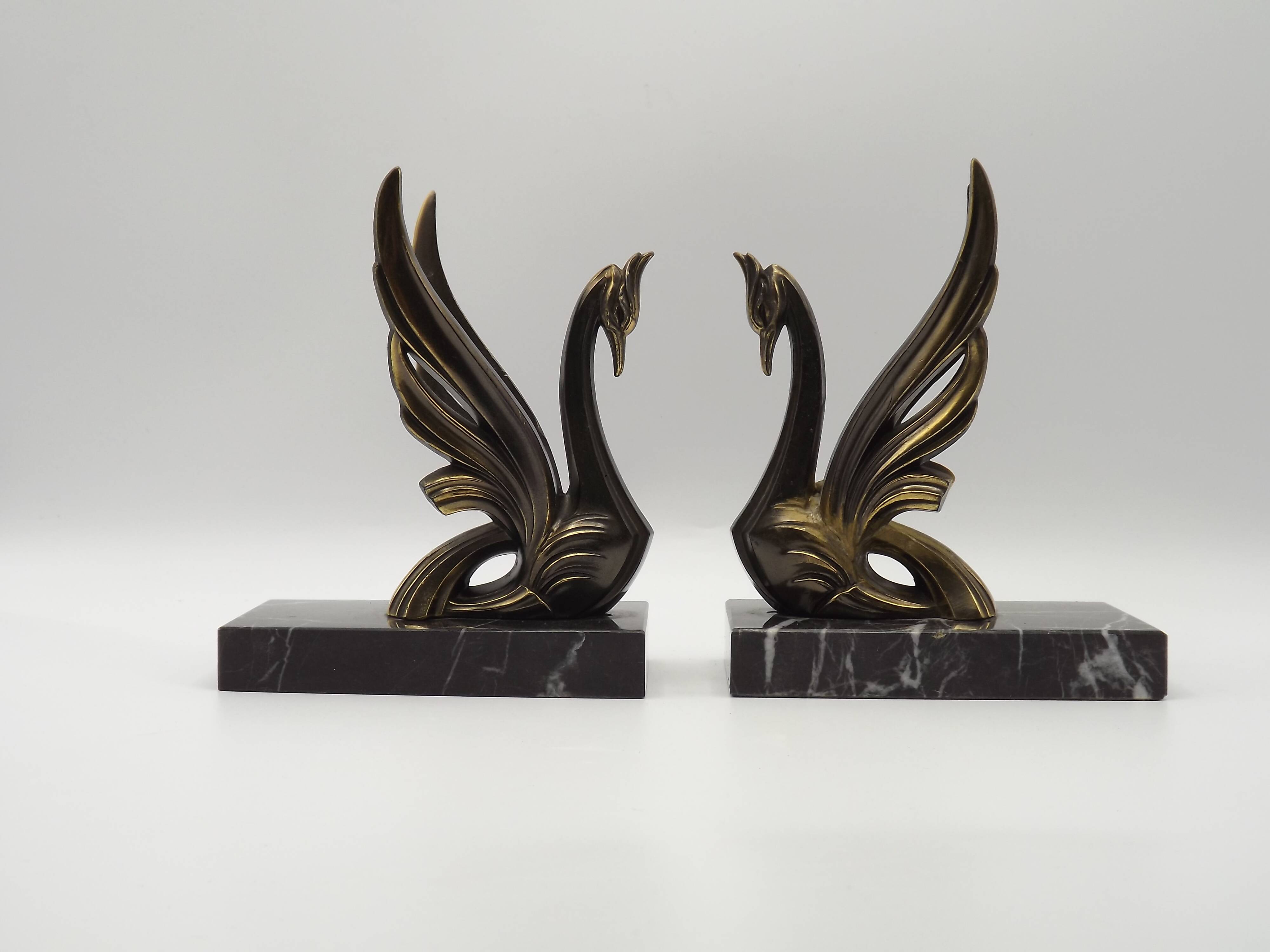 French Art Deco Bronzed Effect Spelter Swan Book Ends Black Marble Base