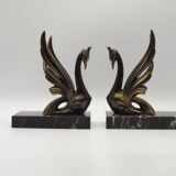 French Art Deco Bronzed Effect Spelter Swan Book Ends Black Marble Base