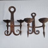 Pair of antique 15th century medieval castle wrought iron candlesticks