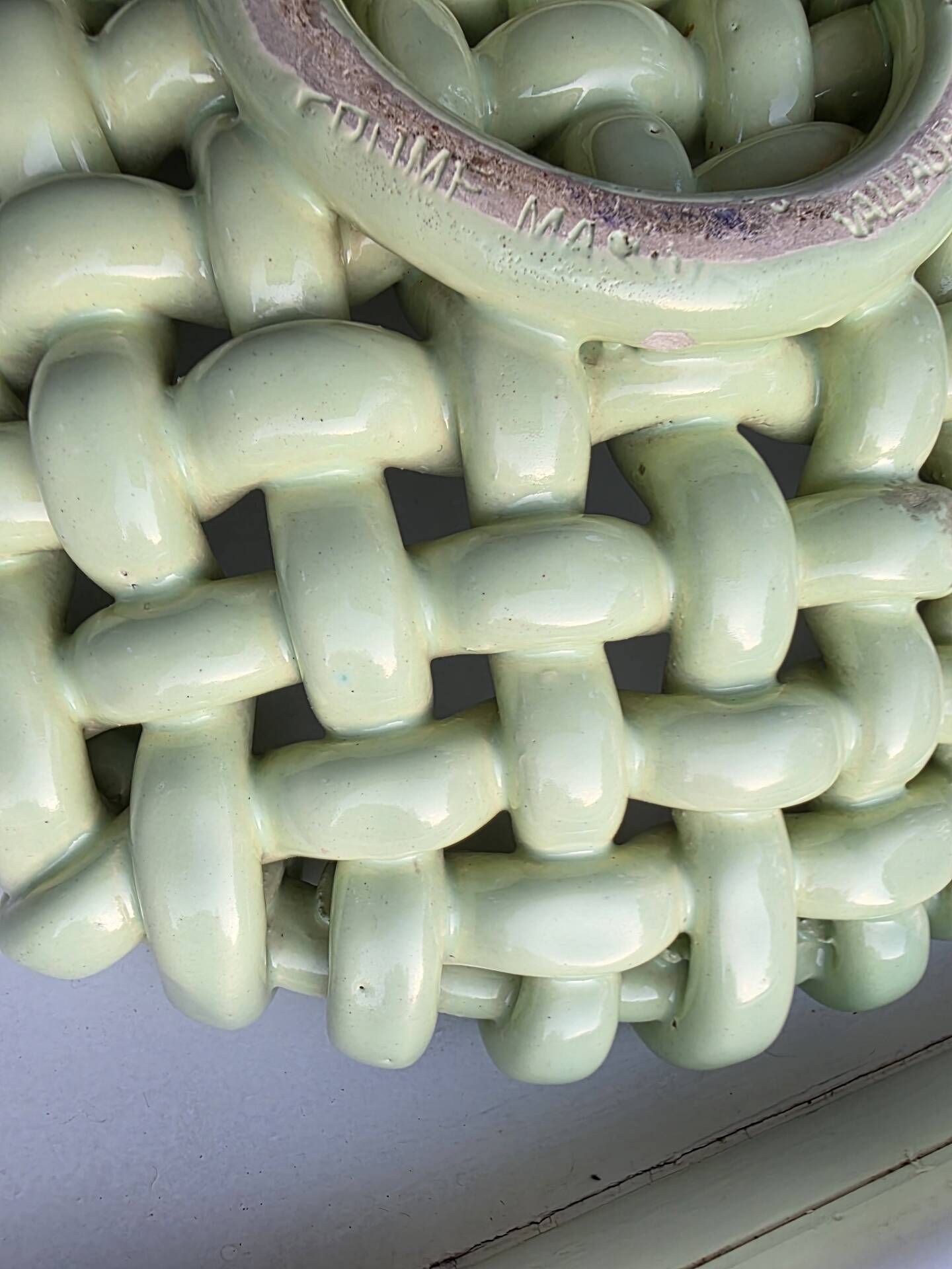 Light green woven ceramic basket Jérome Massier Vallauris