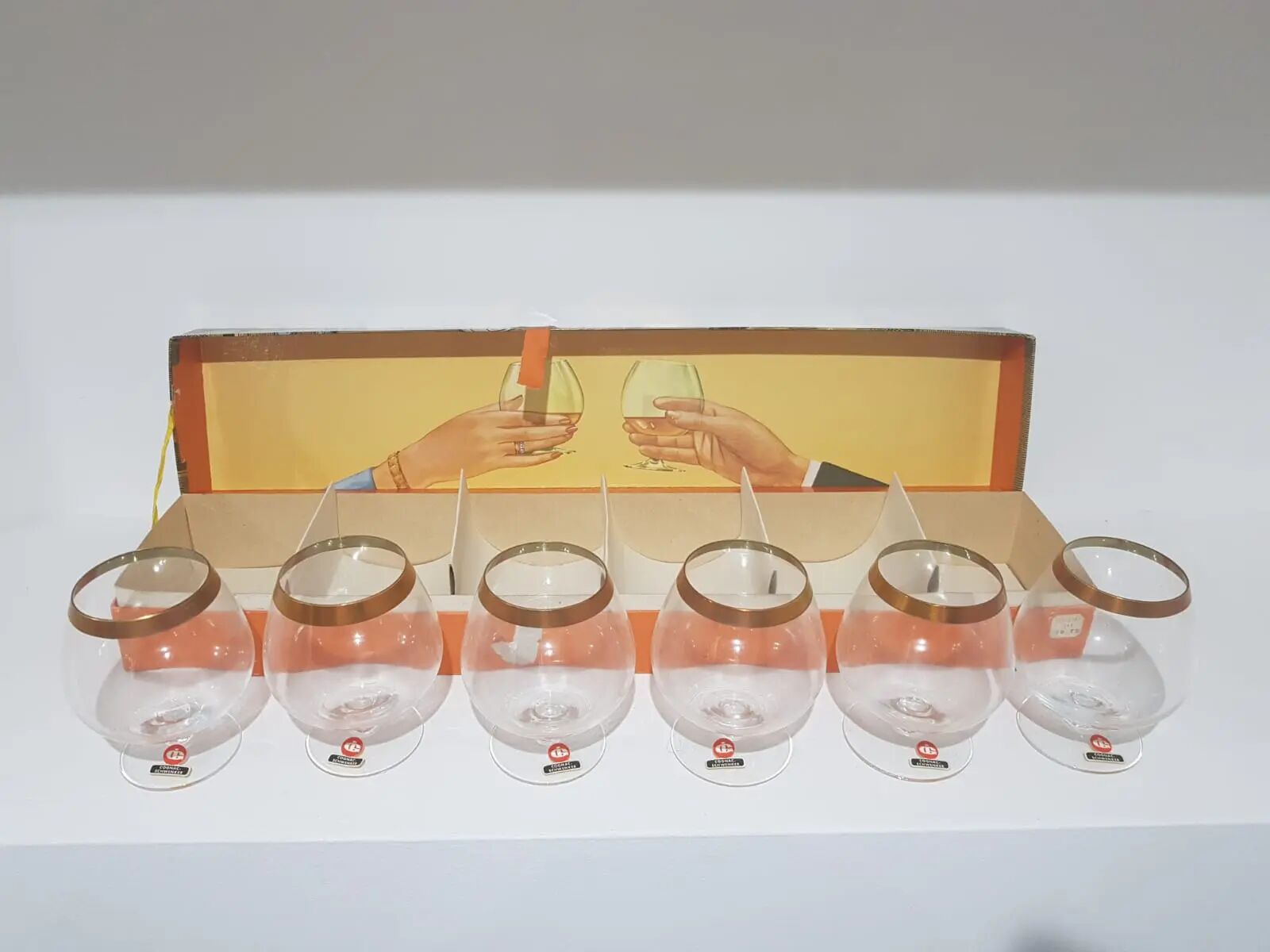 Set of 6 cognac glasses, clear glass, gilding / Austria / 1960s.