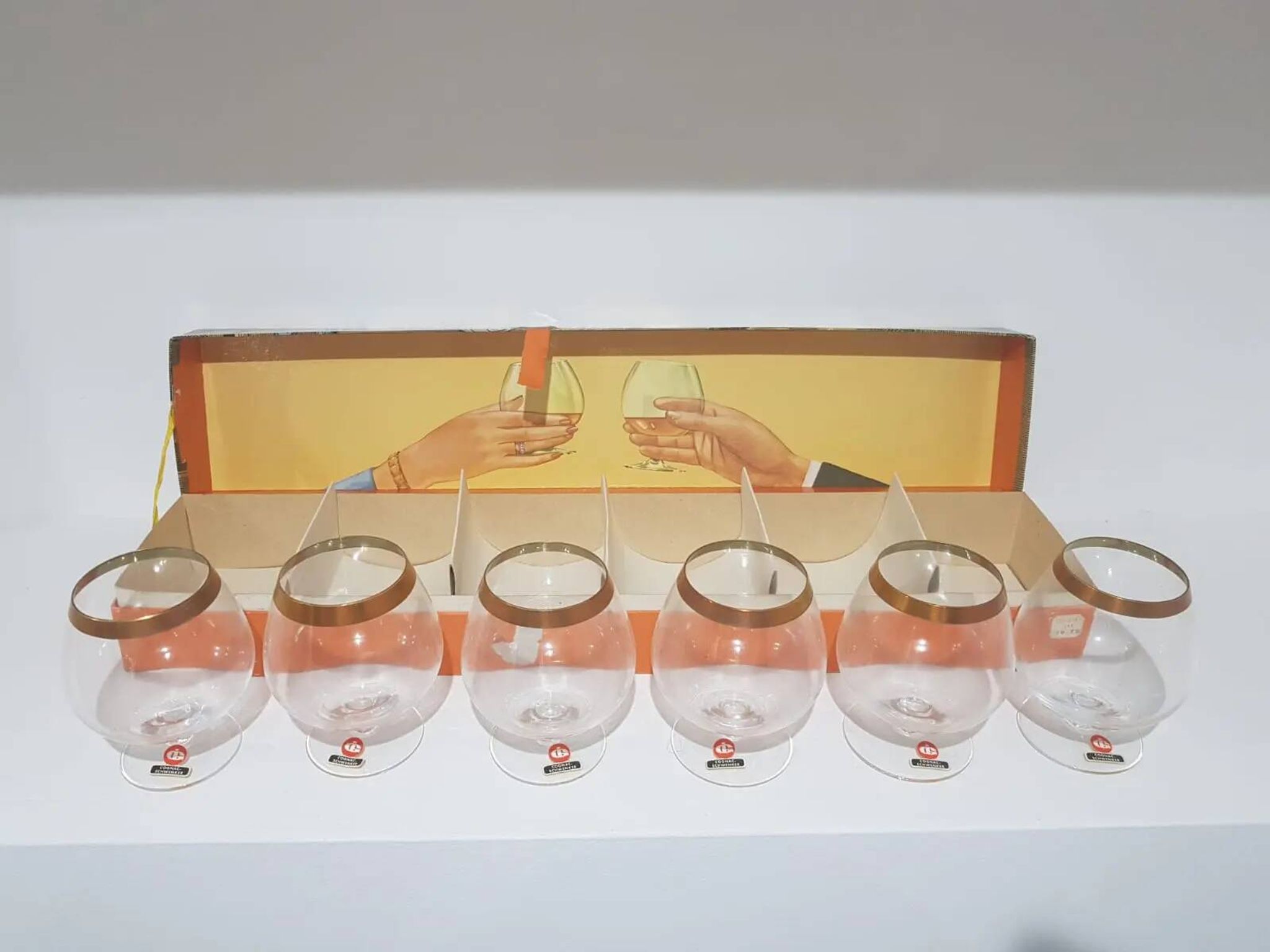Set of 6 cognac glasses, clear glass, gilding / Austria / 1960s.