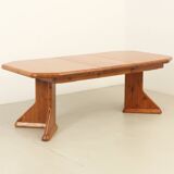 Large extendable Danish dining table in solid pine, 1970s.