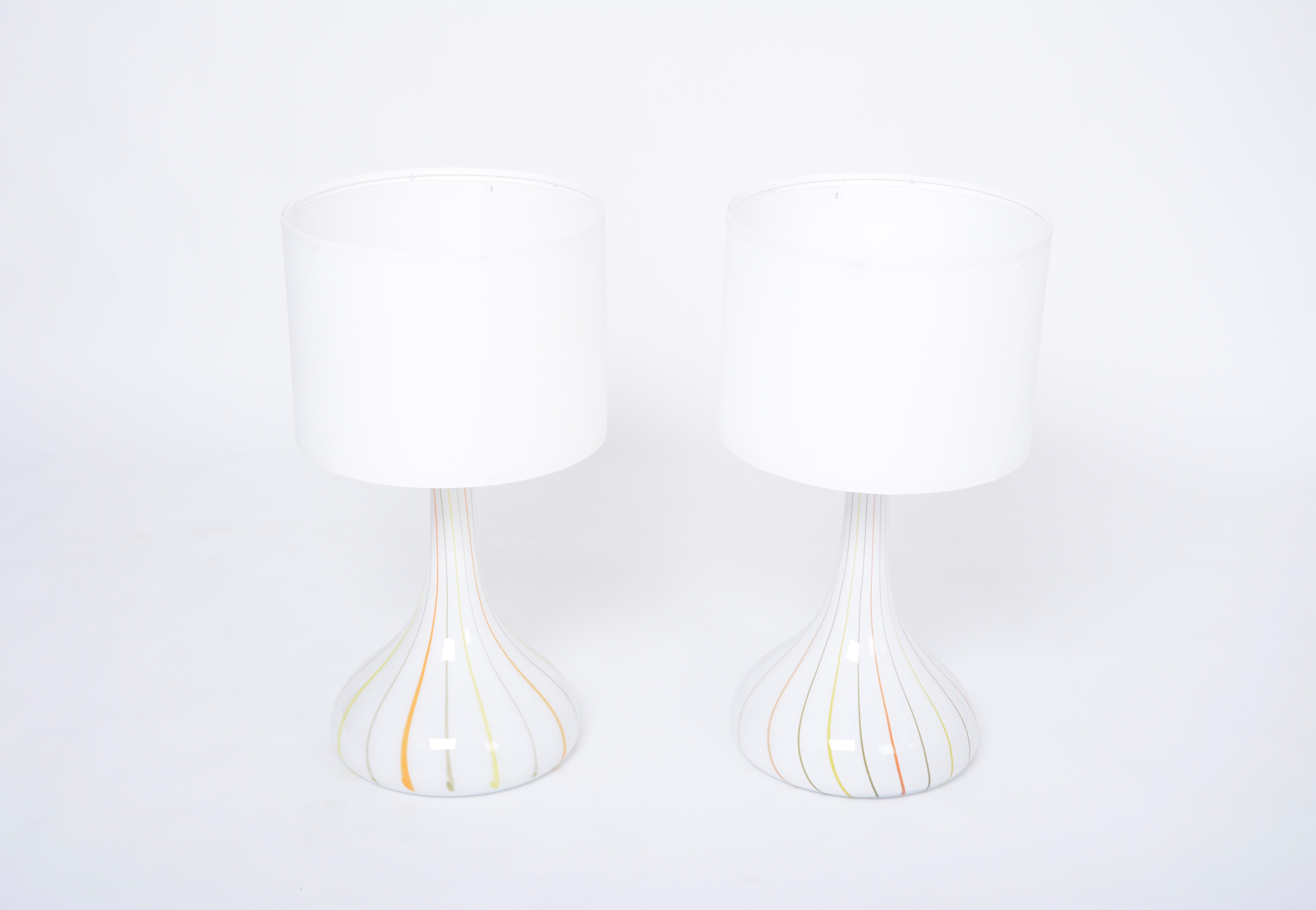 Pair of 1970s tall White Glass Table Lamps model "Candy" by Holmegaard