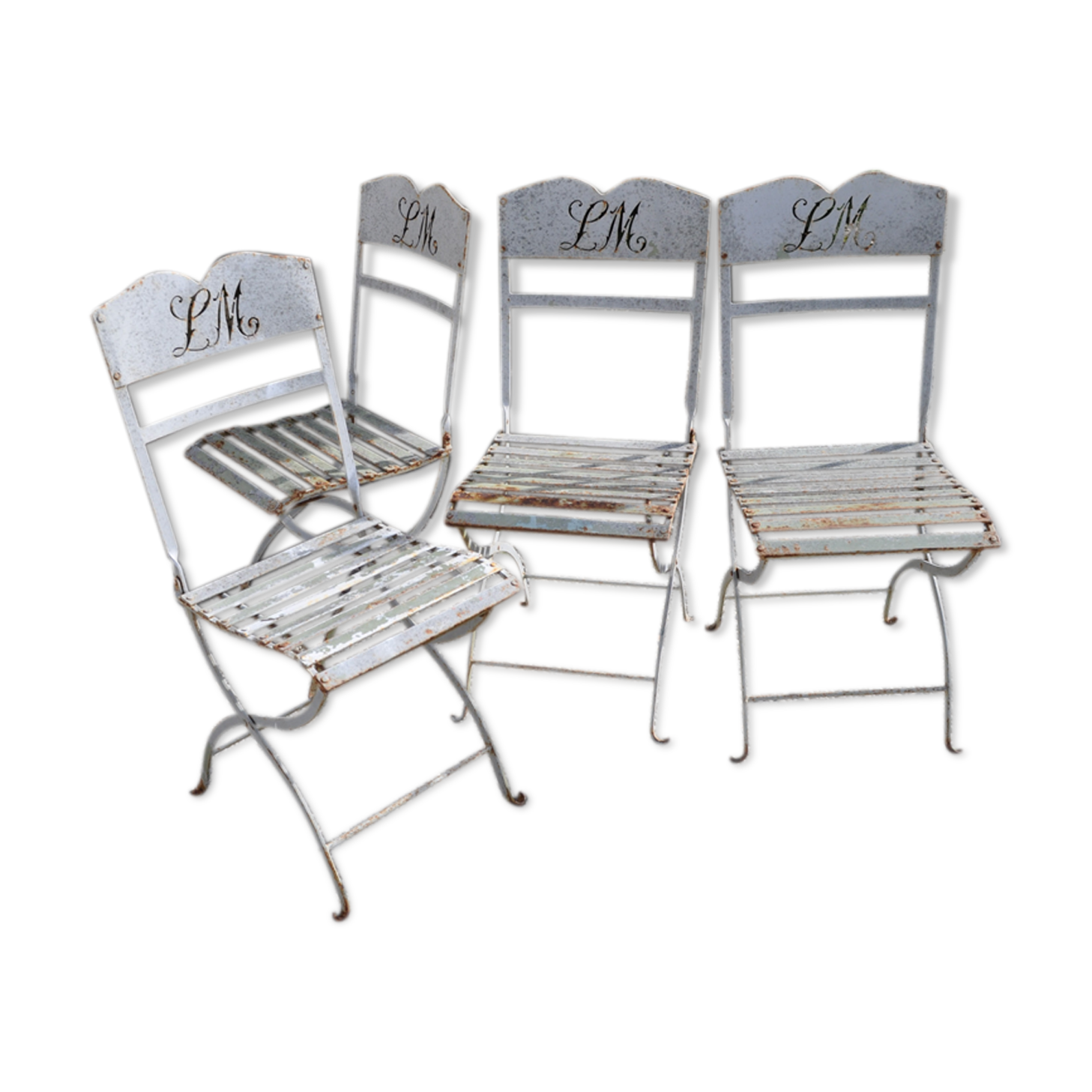 L M monogrammed metal garden chairs