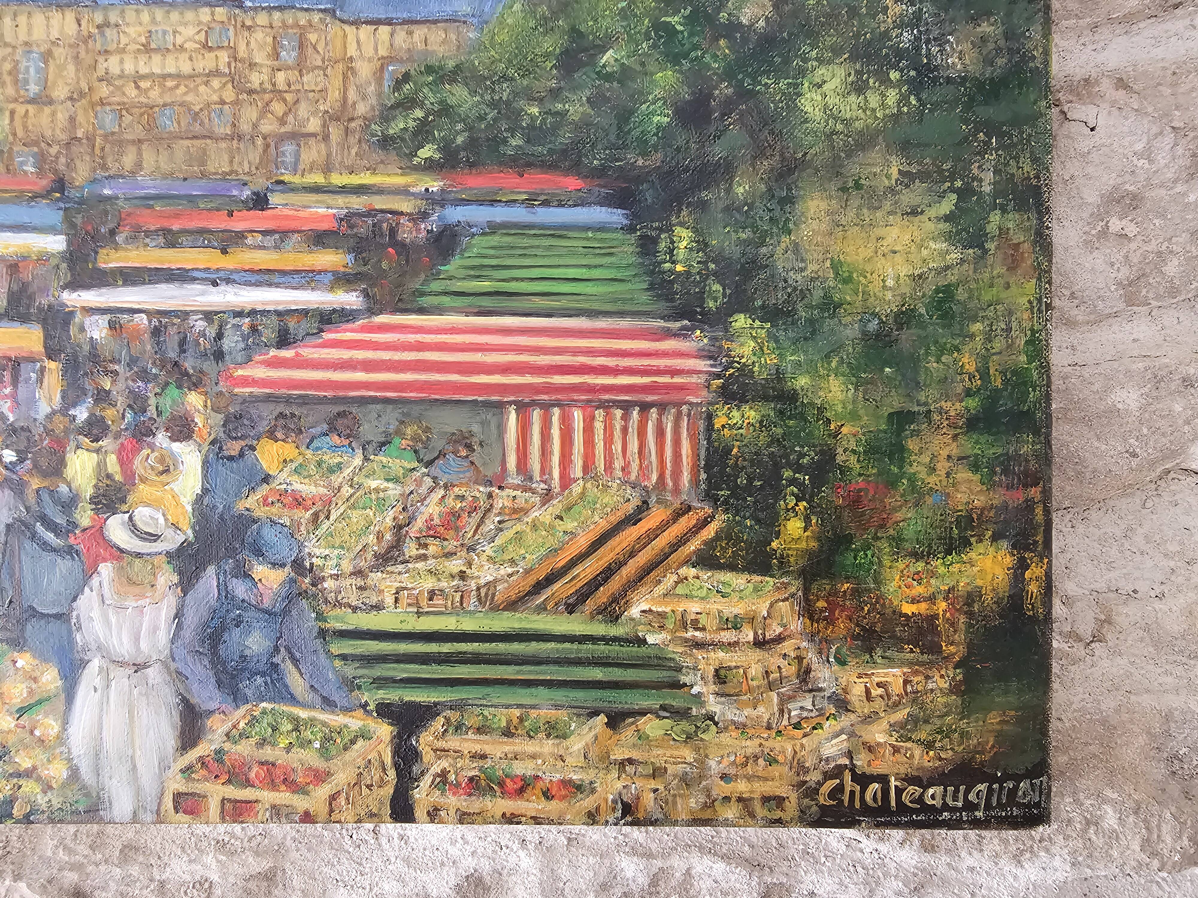 Tableau Huile sur Toile - Paysage marché Breton Signé Chateaugiron