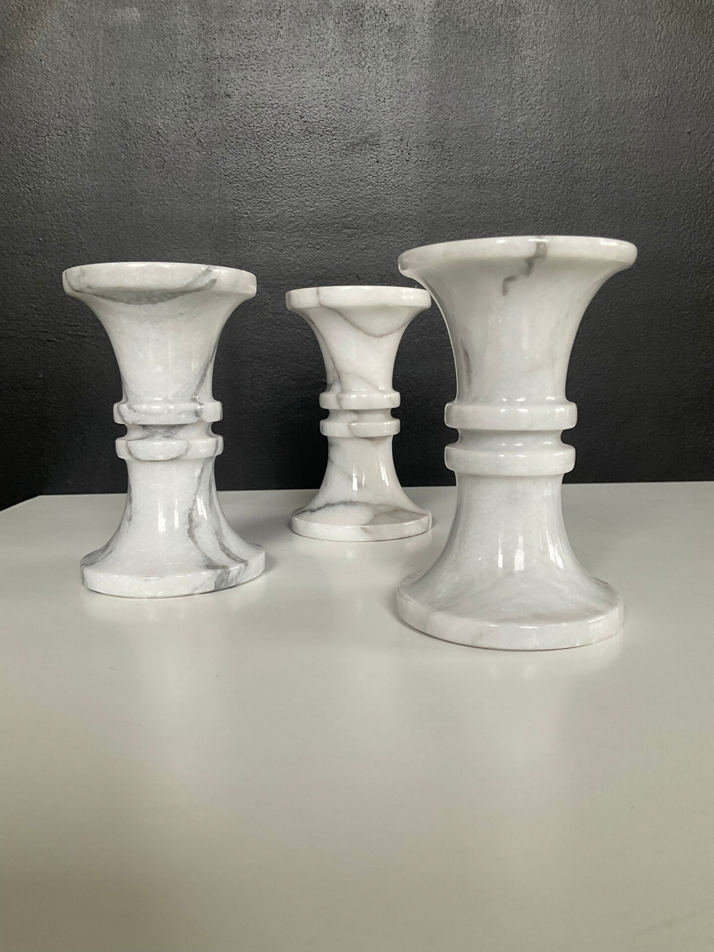 Set of 3 vintage Carrara marble candle holders