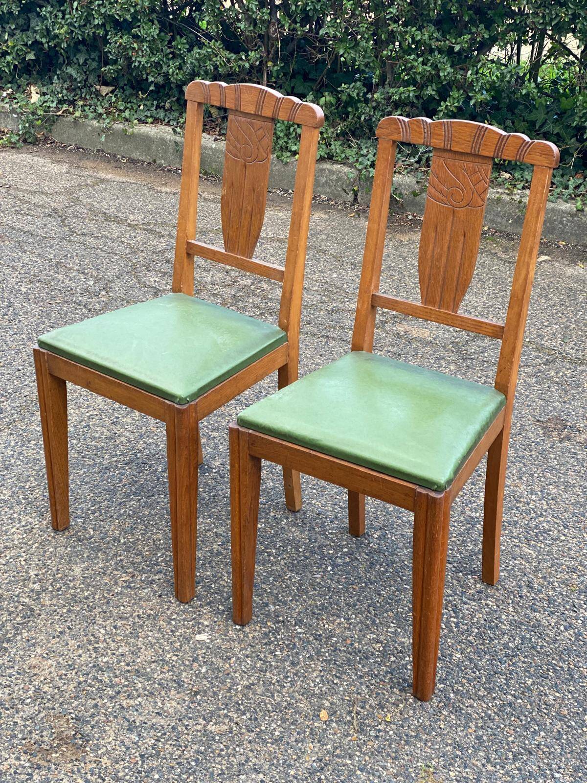 2 art deco dining room chairs in solid wood and green leather