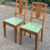 2 art deco dining room chairs in solid wood and green leather