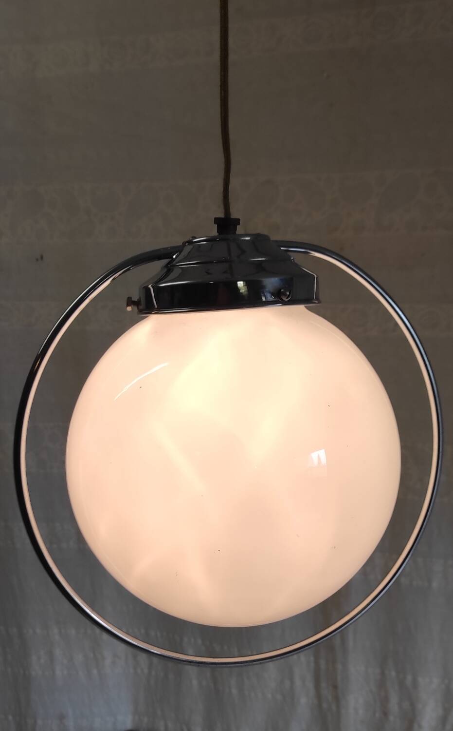 Art Deco suspension in chrome metal and opaline globe - mid 20th century