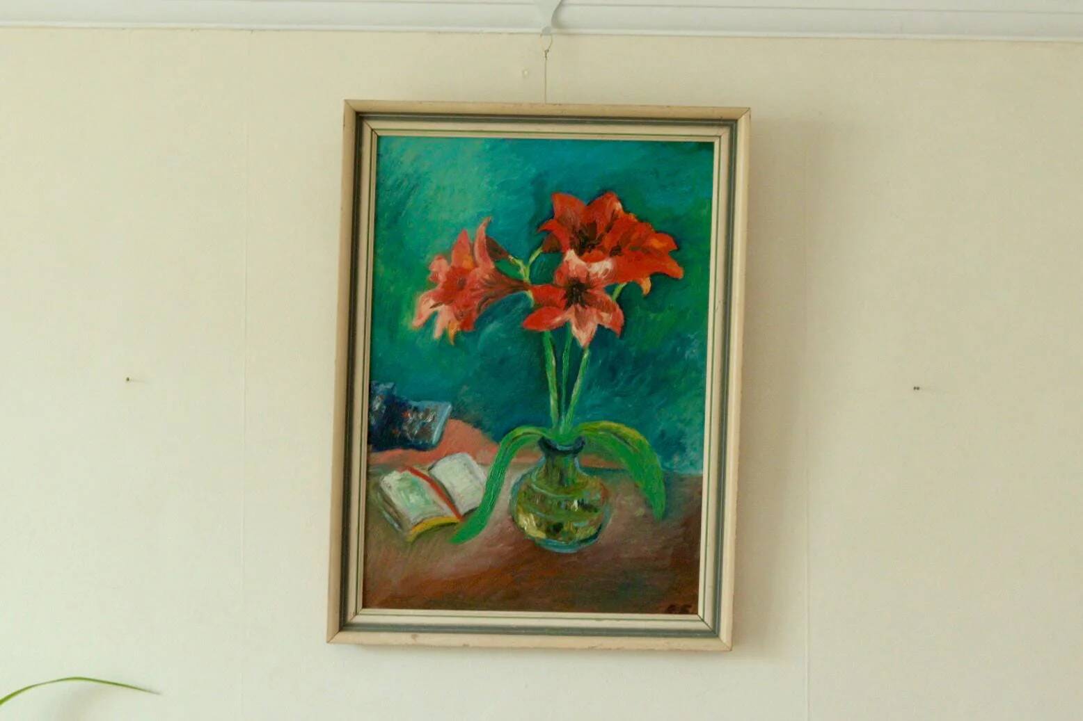 Original mid-century oil on panel – "Still Life with Flowers, Book and Object"