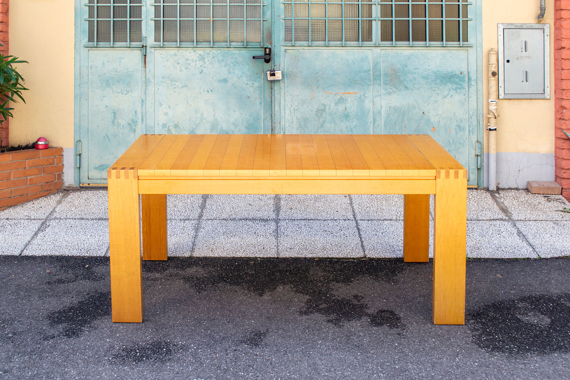 Dining table in beech wood with stripes of hibiscus, italy 70s