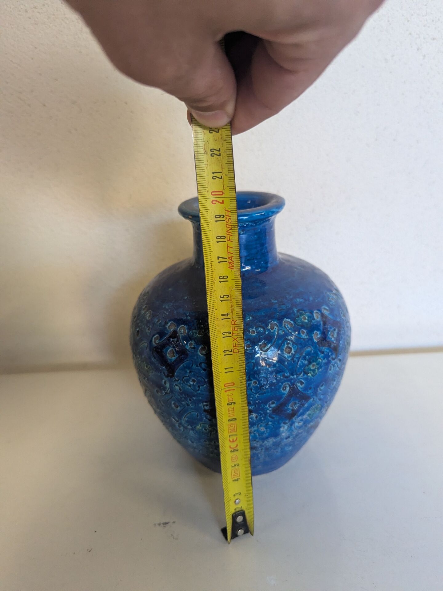 Vintage Italian vase in blue glazed ceramic, relief decoration.